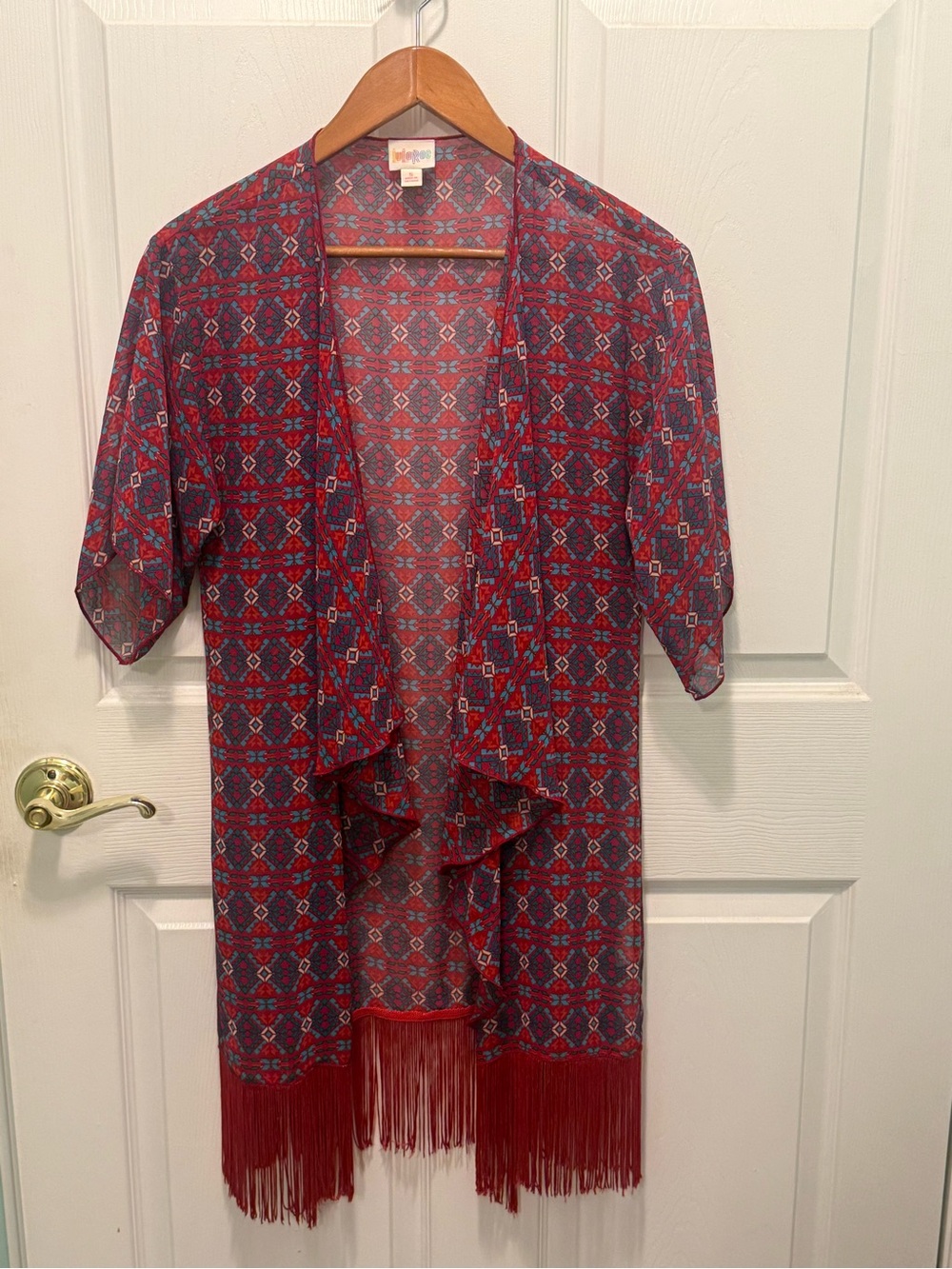 Women's Red Patterned Fringe Kimono Jacket Lularoe